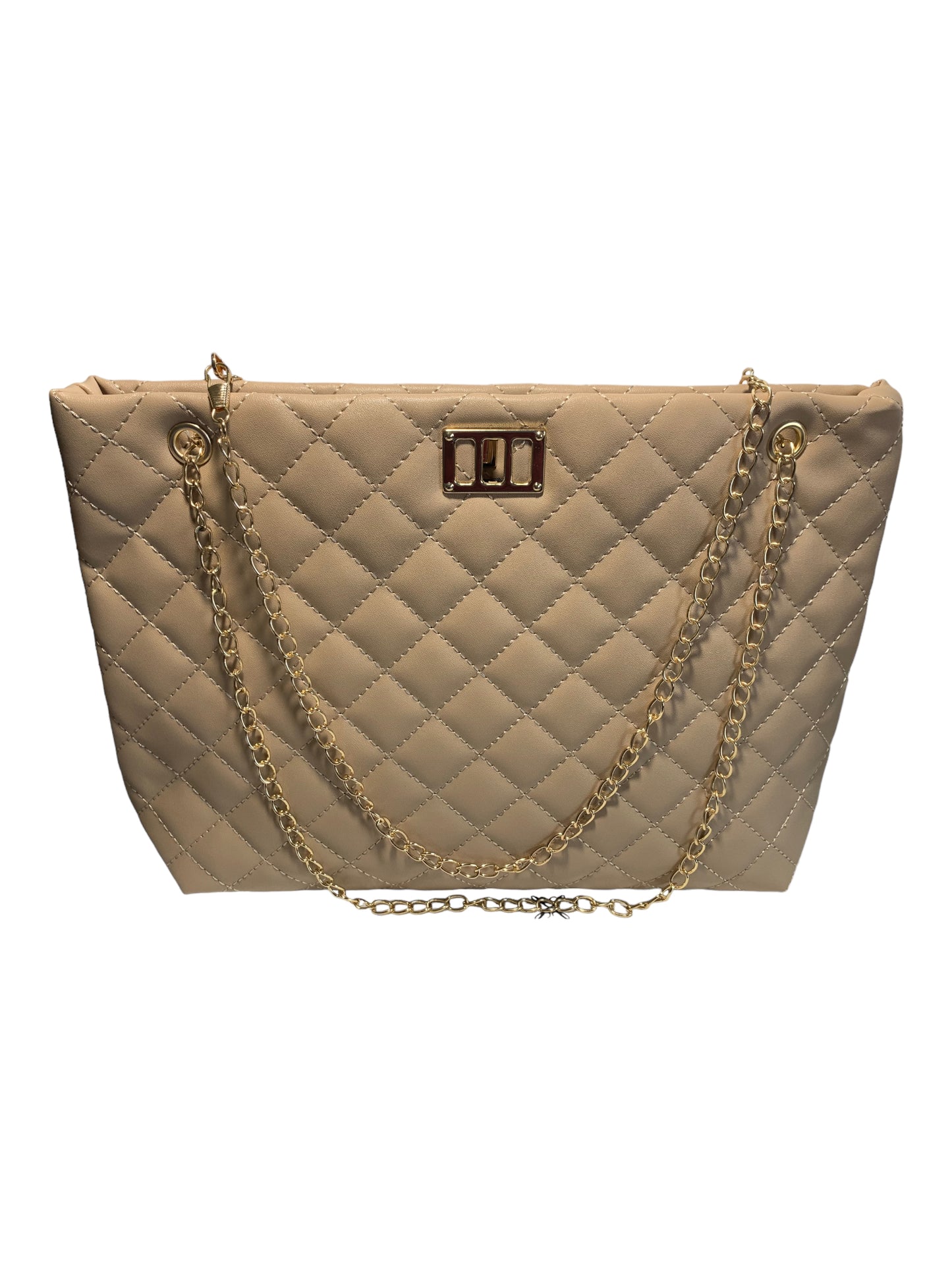 Quilted Chain Tote Bag, Women's Large Capacity Faux Leather Shoulder Bag- Beige