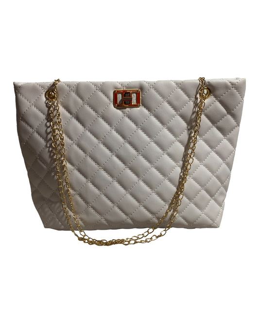 Quilted Chain Tote Bag, Women's Large Capacity Faux Leather Shoulder Bag - White