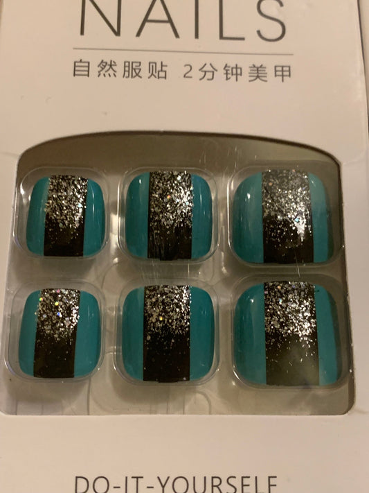 24pcs Square Fake Toenails, With Glitter Powder Sequins On Toenails, Shiny Full Cover Acrylic Toenails With 1pc Nail Glue For Women Girls Nail Art DIY