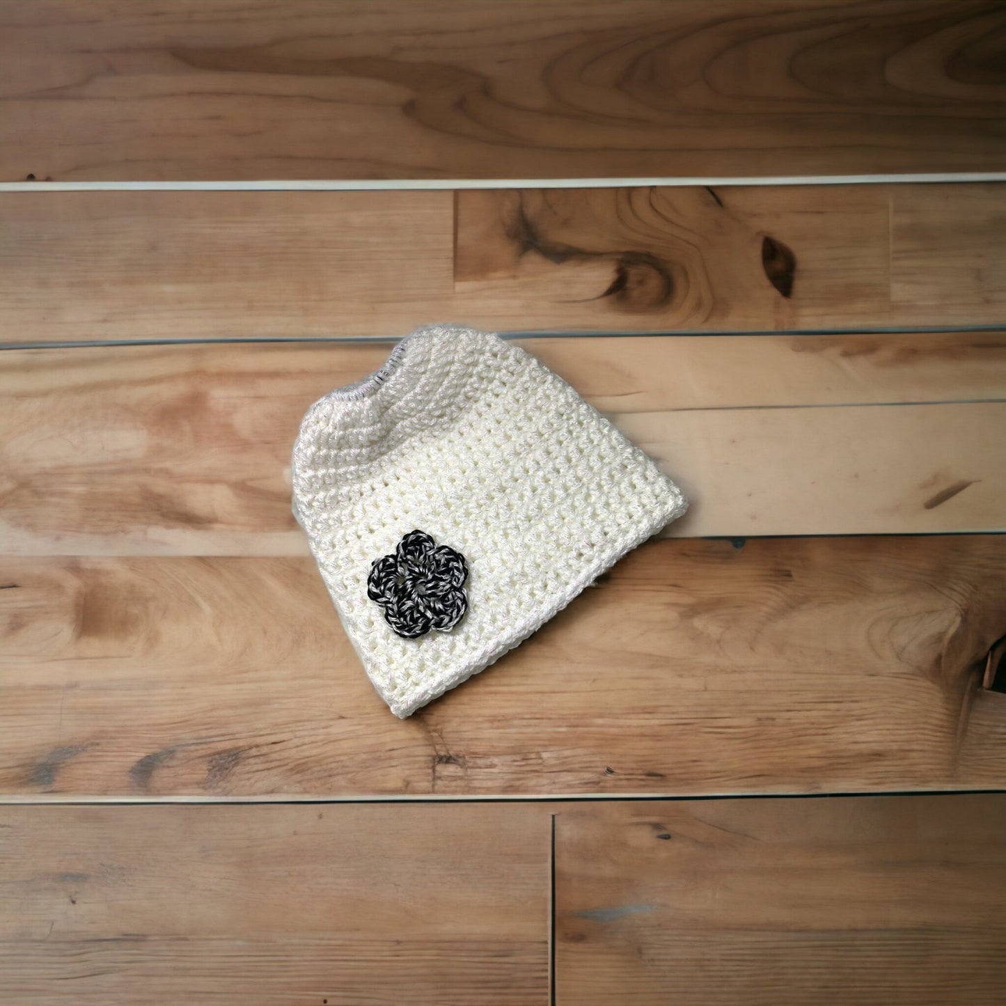 Black stripe flower- Girl's messy bun beanies