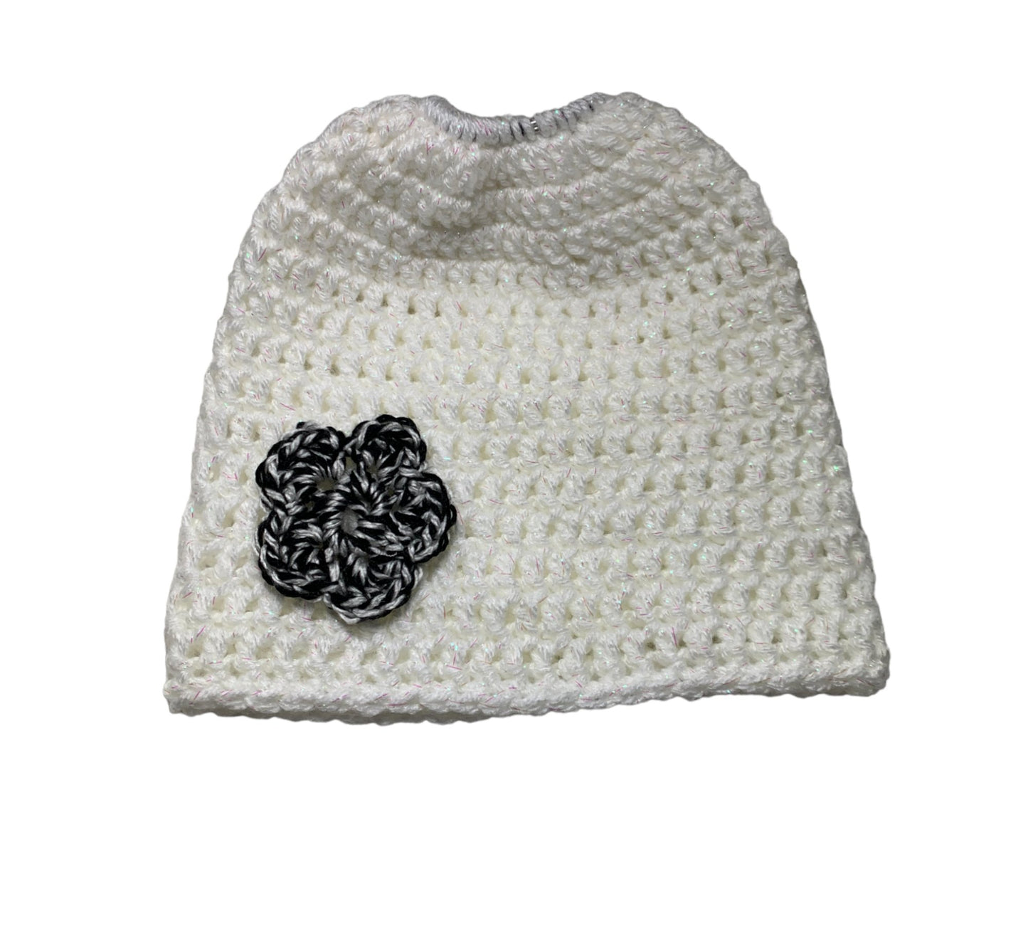 Black stripe flower- Girl's messy bun beanies